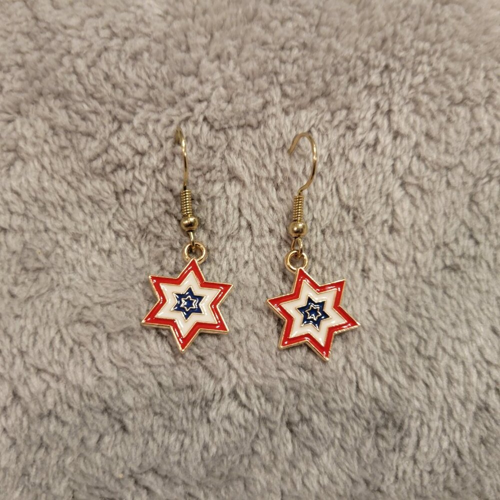USA 6 Point Star Flag Earrings Patriotic July 4th Dangle Drop Women Jewelry E56E